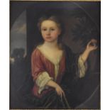 English School, 18th century portrait of a girl, half length, picking an orange from a tree with a