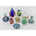 Two Isle of Wight glass scent bottles and paperweight together with six pieces of Murano glass to