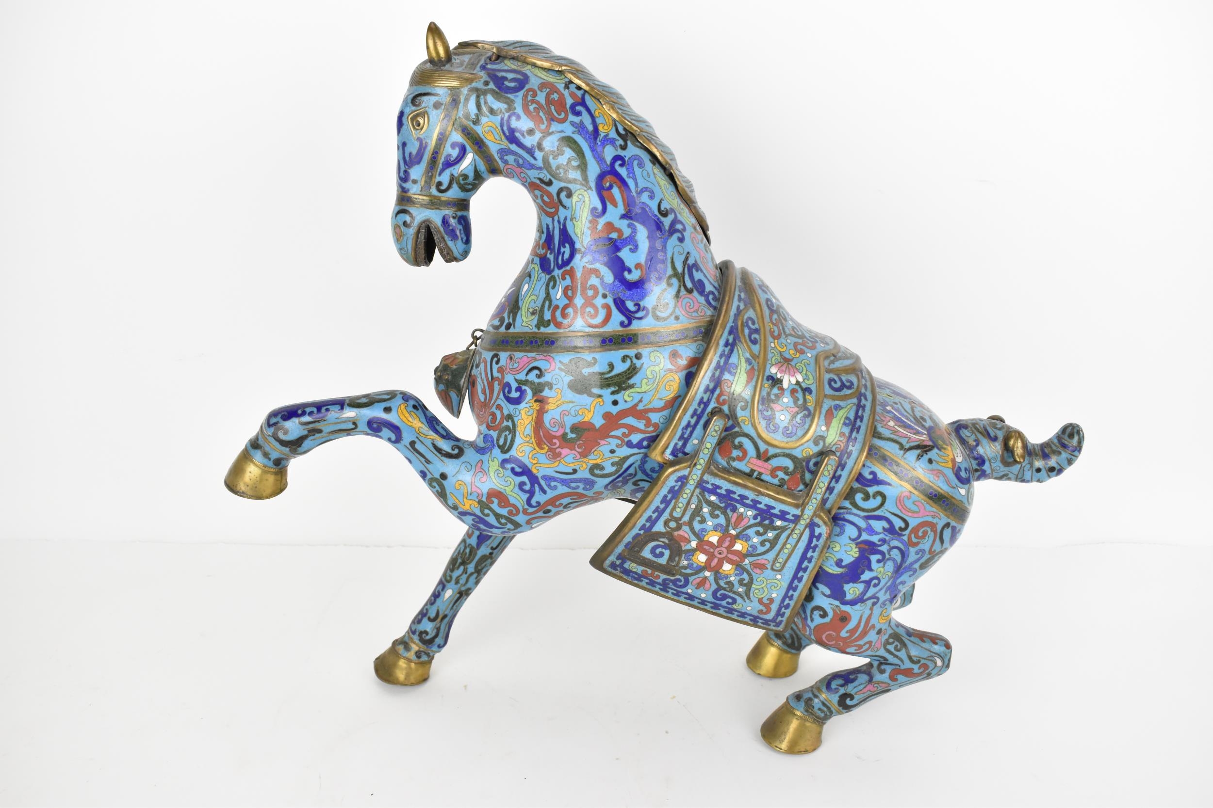 A large Chinese cloisonné enamel mode of a rearing horse, 41cm h - Image 2 of 5
