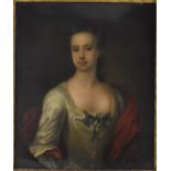 English School 18th century portrait of a woman, half length wearing a white silk dress laced up the