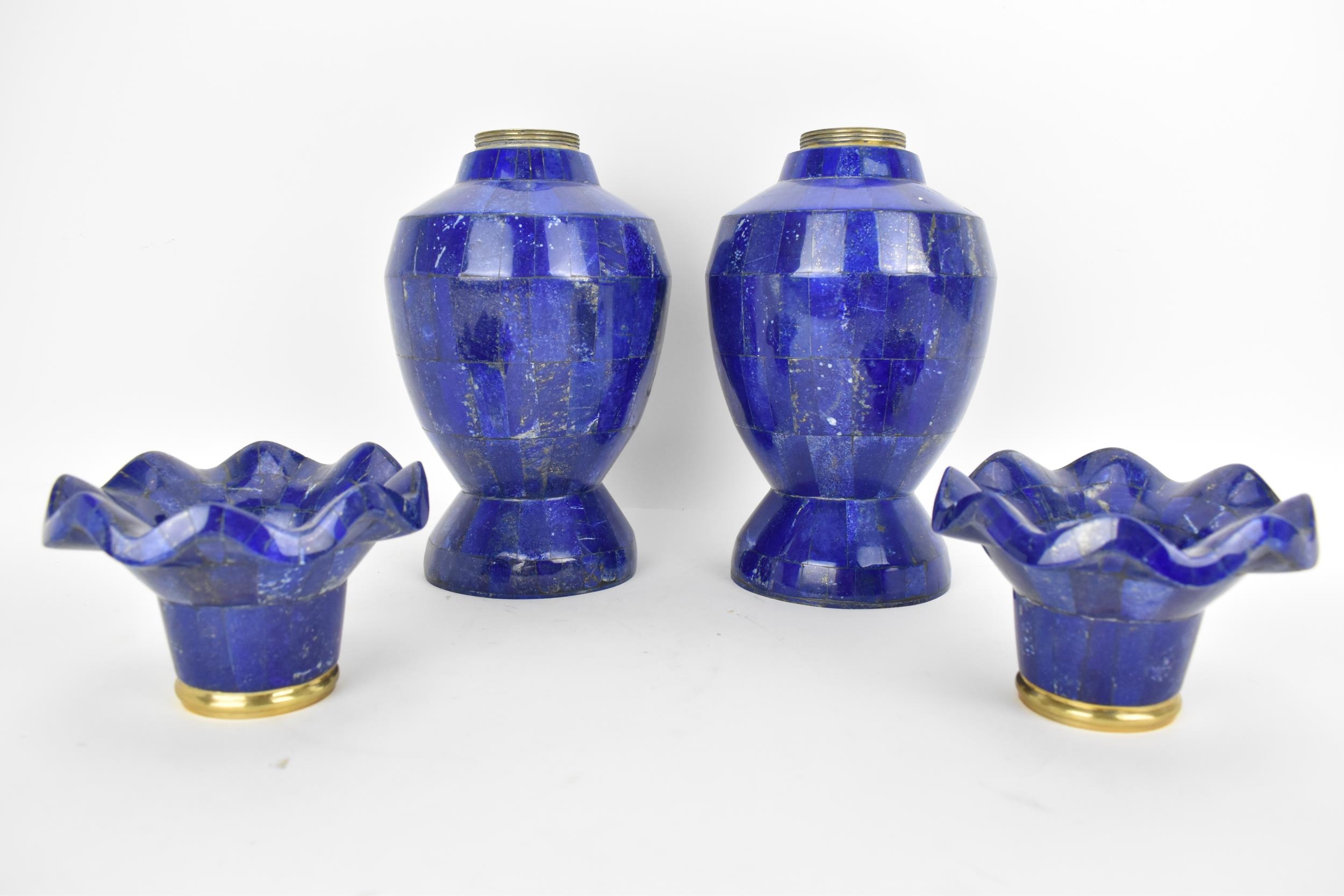 A pair of Lapis Lazuli vases with scalloped rim and gilt metal collars, 30cm h - Image 2 of 2