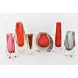 Six Luigi Mandruzzato Sommerso glass vases for Murano, tallest 21cm Condition: red tapered vase with