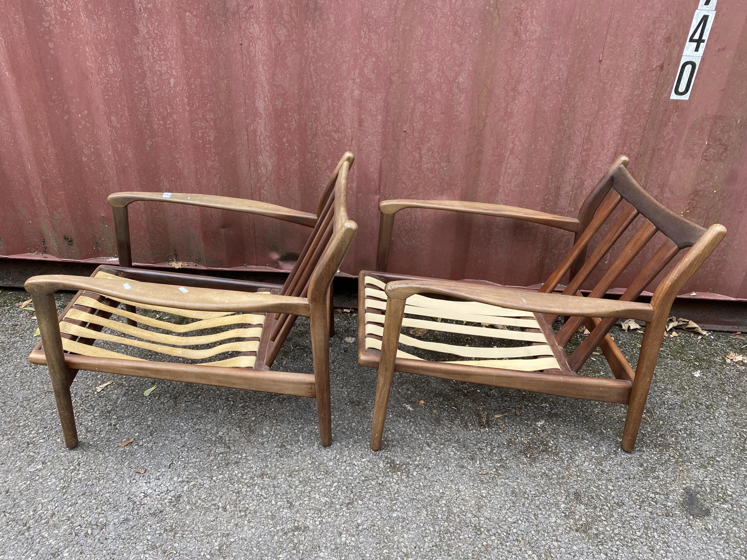 A pair of original R W Toothill retro vintage 1960's afromosia teak wood framed easy / lounge - Image 4 of 7