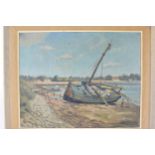 Macdonald Bruce - a coastal scene with a fishing boat grounded at low tide, oil on board, signed