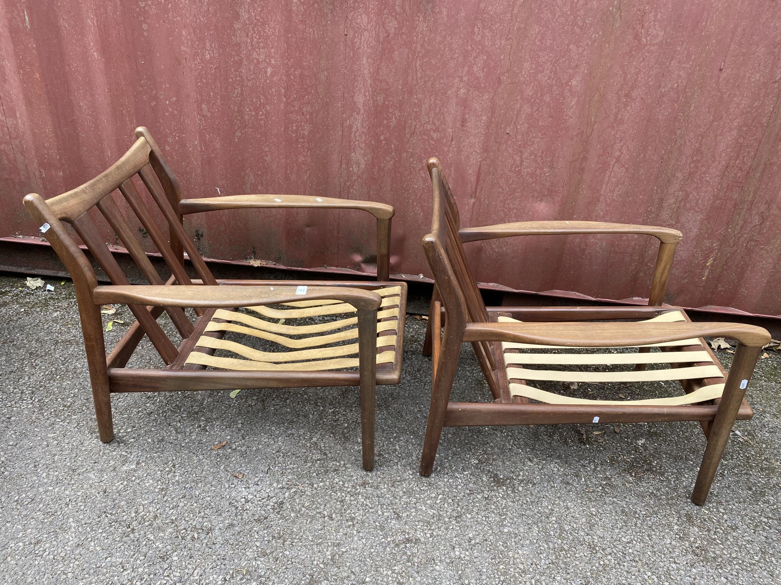 A pair of original R W Toothill retro vintage 1960's afromosia teak wood framed easy / lounge - Image 2 of 7