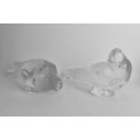 A pair of modern Lalique clear and frosted glass Pigeon table figures, one modelled pecking the