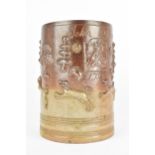 A large 18th century two tone brown salt glazed advertising tankard, inscribed John Stevens in