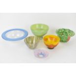 Art Glass to include a Kosta Boda green speckled bowl and a pink speckled dish designed by Ulrica