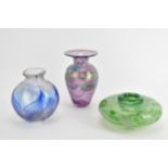 Three Art glass vases to include a Robert Heid lustre vase, Loren Chapman blue glass vase and a