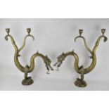 A pair of late 19th/20th century brass candelabra in the form of dragons with two sockets, on a