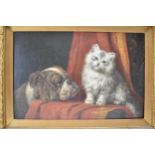 Rosa Bebb (1857 - ?) - Pals, a white fluffy cat sat on a throw covered chair, with a boxer dog