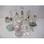 Glass and silver scent bottles to include an atomiser and an inkwell with a silver hinged lid