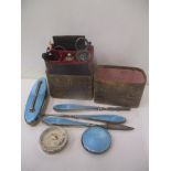 Silver and enamel manicure items along with 'Ladies Companion' leather bound box containing tape