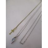 Two 9ct white gold necklaces, a pendant set with a stone, and a 9ct gold necklace with a cross