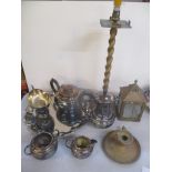 Metalware to include silver plated teaware, a silver plated tray, a brass chamberstick and a brass