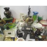 A mixed lot to include circa 1900 a painted wine glass, reproduction scrimshaw, books, projector,