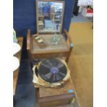 A Retro mahogany framed piano stool together with a late 20th century wall mirror, bone dominoes (