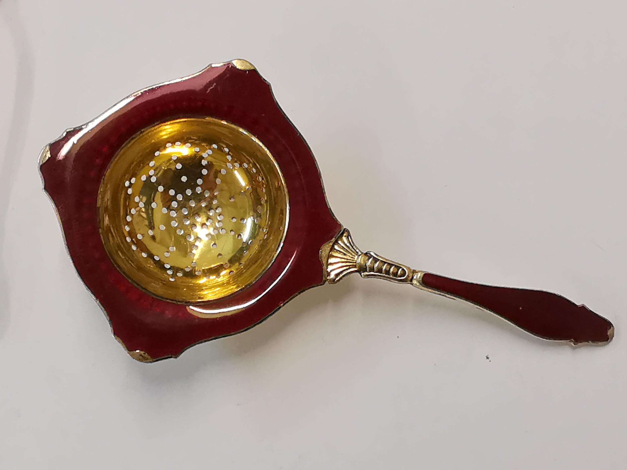 A Norwegian silver gilt and enamel tea strainer, together with a set of five sterling silver - Image 2 of 2