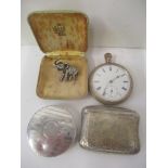 A silver snuff box, a silver compact, a gold plated watch and a costume brooch