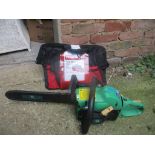 A Gardenline chainsaw together with a craftsman tool bag