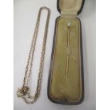 A 9ct gold necklace with rectangular links, and a 9ct gold stick pin set with an opal 4g