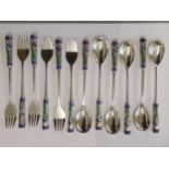 A set of twelve Korean silver fruit forks and spoons with enamelled handles, 245g, Location: CAB
