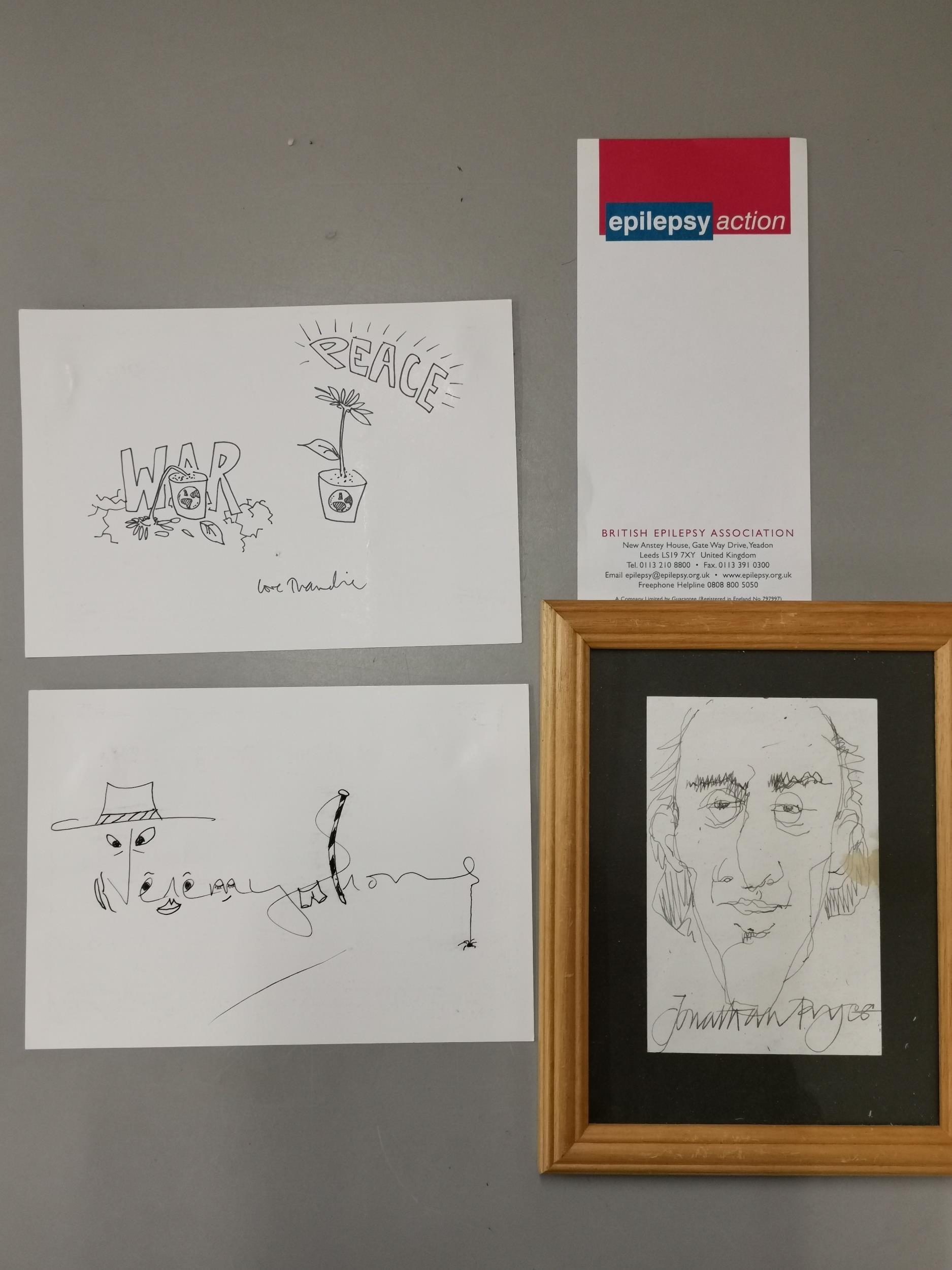 Three signed sketches by Jonathon Pryce, Thandie Newton and Jeremy Irons for the Charity National