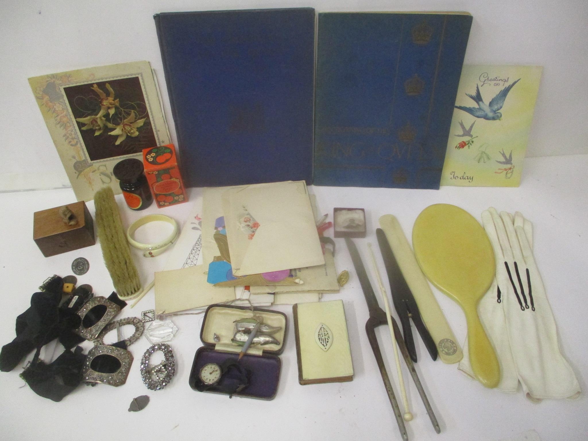 Printed ephemera, and collectables to include greeting cards, glove stretchers, hair tongs and