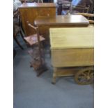 An American oak trolley on wheels, an Indonesian hardwood, folding cake stand, an oak dining