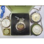 Three pocket watches, together with a cased pocket compass and a For Loyal Service badge