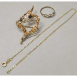 Mixed 9ct jewellery to include 9ct gold brooch set with cultured pearls, a 9ct gold bracelet