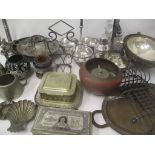 Silver plate to include a breakfast dish, cruet set, bottle holders, cigarette dispenser and other