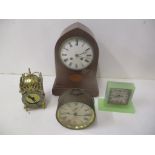 Clocks to include an Edwardian inlaid mahogany cased mantel clock, a lantern clock and two others