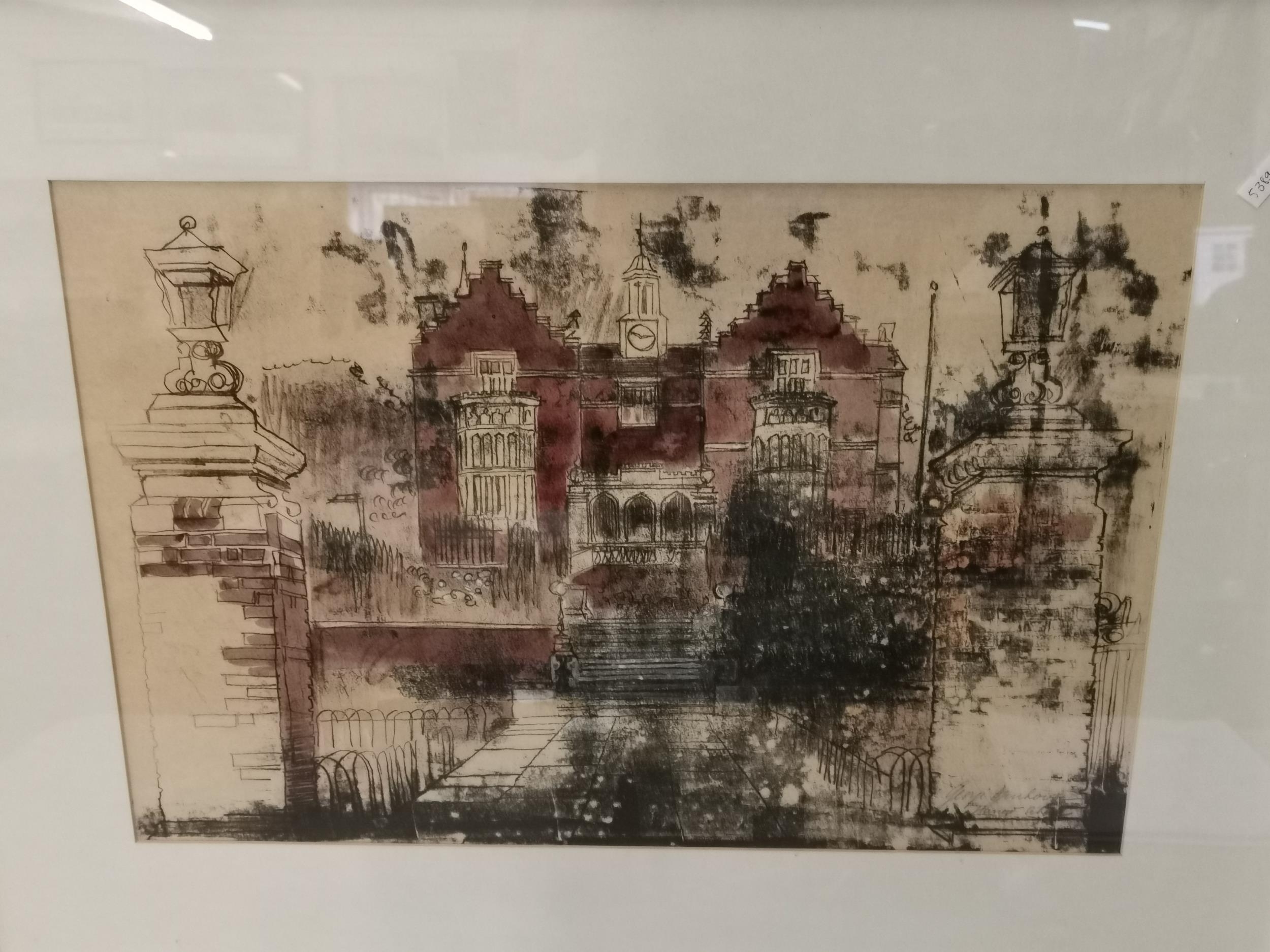 A framed and glazed lithograph of harrow school, signed George Lynhouse? in pencil, 35cm x 52cm
