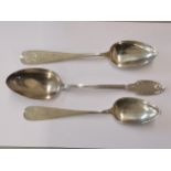A pair of German silver serving spoons, together with a French silver serving spoon, 207g