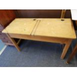 A vintage double schools desk, 61 h x 102 w x 43cm d, together with an oak occasional table