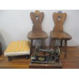 Small furniture to include a pair of pine hall seats, a stool and a Singer sewing machine