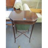 Edwardian mahogany work table/sewing box with inlaid stringing, hinged octagonal top with fitted