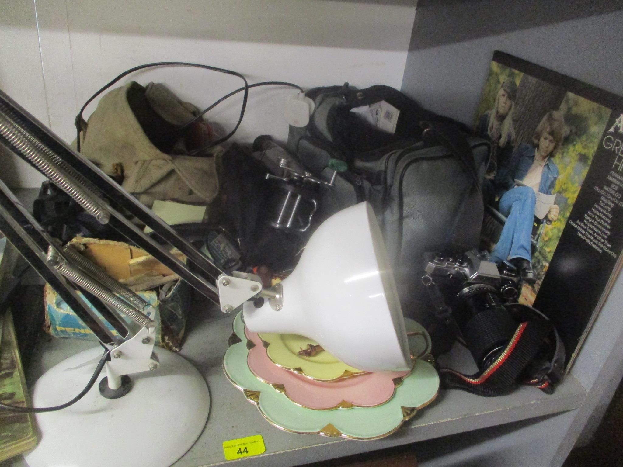 A mixed lot to include fishing reels, mixed cameras, binoculars, anglepoise lamp, Abba LP record and