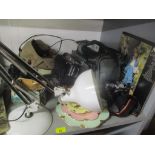 A mixed lot to include fishing reels, mixed cameras, binoculars, anglepoise lamp, Abba LP record and