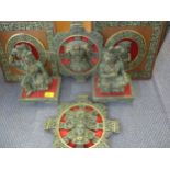 A group of six Mexican tourist ornaments in a green resin with gilt decor and red velvet mounts