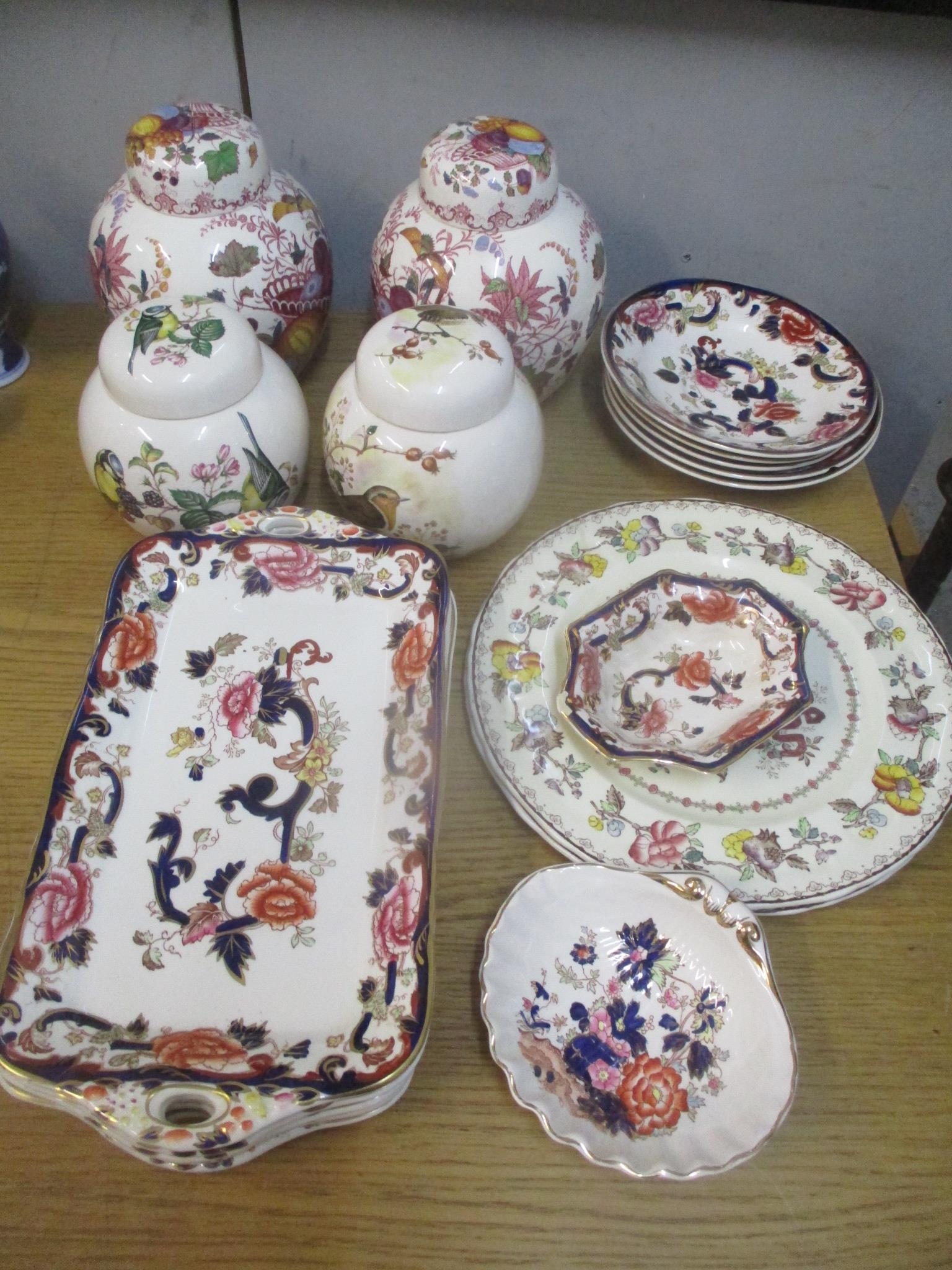 Masons china to include a pair of ginger jars decorated with birds, a pair of Fruit Basket pattern