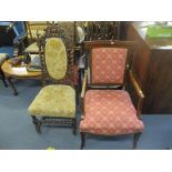 An Edwardian string inlaid mahogany armchair with an upholstered back and seats, and a Victorian