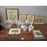 A china tea set, a glass punch bowl set, fashion prints, a botanical print and a coat hook