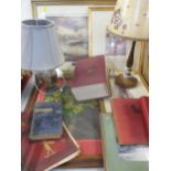 A miscellaneous lot comprising mixed lampshades, books, a pastel still life and prints together with