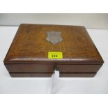 Late 19th/early 20th century oak fold out writing box, with fitted interior, single ink well and key