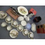 A mixed lot to include a Japanese egg shell part tea set with images of storks, blue and white