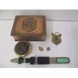 A mixed lot to include a Polish medallion on a chain, a bronze inset paperweight, small knife and