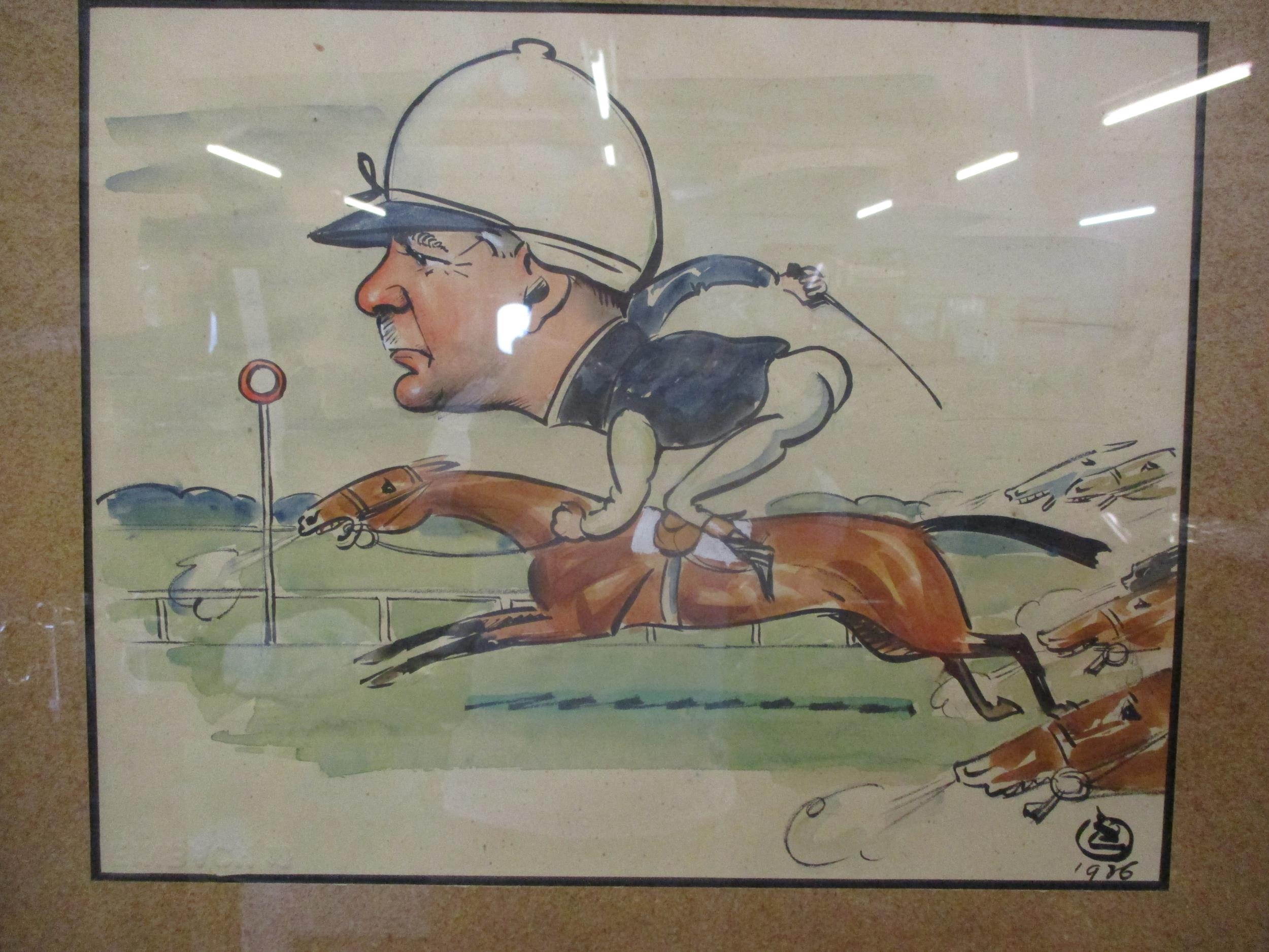 A 1936 caricature of a jockey racing, framed Location: RWM