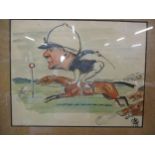 A 1936 caricature of a jockey racing, framed Location: RWM